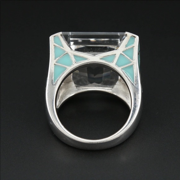 Sterling silver rock quartz crystal enamel ring. 7 - Picture 5 of 7